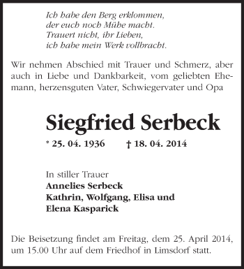 Traueranzeige von Siegfried Serbeck von Märkische Oderzeitung