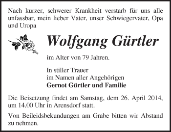 Traueranzeige von Wolfgang Gürtler von Märkische Oderzeitung