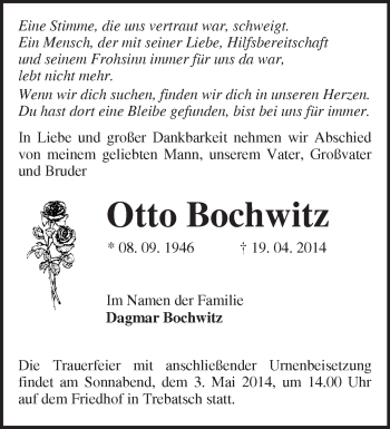 Traueranzeige von Otto Bochwitz von Märkische Oderzeitung