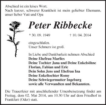 Traueranzeige von Peter Ribbecke von Märkische Oderzeitung