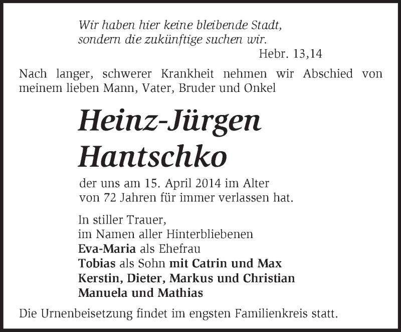  Traueranzeige für Heinz-Jürgen Hantschko vom 26.04.2014 aus Märkische Oderzeitung