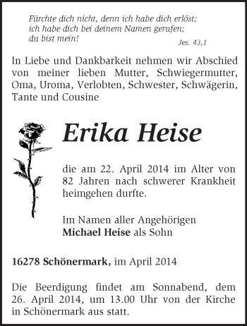 Traueranzeige von Erika Heise von Märkische Oderzeitung