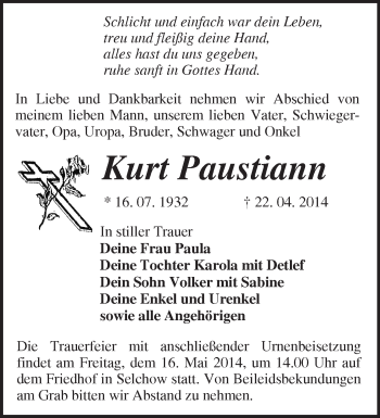 Traueranzeige von Kurt Paustiann von Märkische Oderzeitung