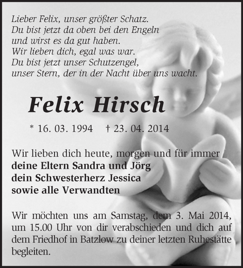  Traueranzeige für Felix Hirsch vom 29.04.2014 aus Märkische Oderzeitung