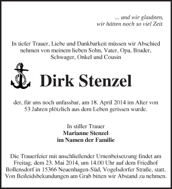 Traueranzeige von Dirk Stenzel von Märkische Oderzeitung