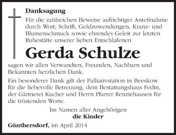 Traueranzeige von Gerda Schulze von Märkische Oderzeitung