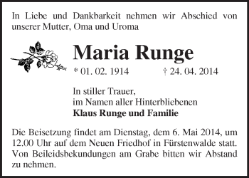 Traueranzeige von Maria Runge von Märkische Oderzeitung