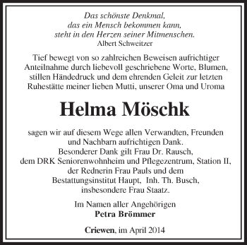 Traueranzeige von Helma Möschk von Märkische Oderzeitung