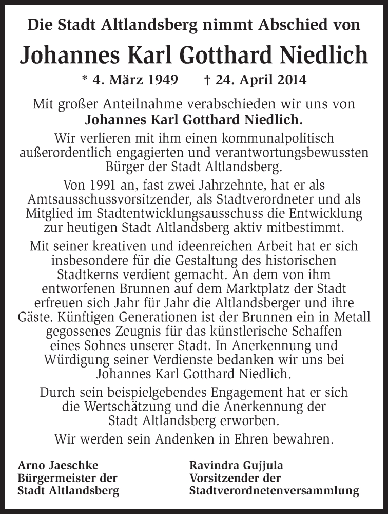  Traueranzeige für Johannes Karl Gotthard Niedlich vom 30.04.2014 aus Märkische Oderzeitung