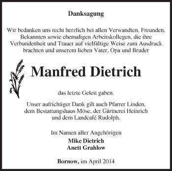 Traueranzeige von Manfred Dietrich von Märkische Oderzeitung