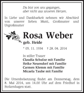 Traueranzeige von Rosa Weber von Märkische Oderzeitung