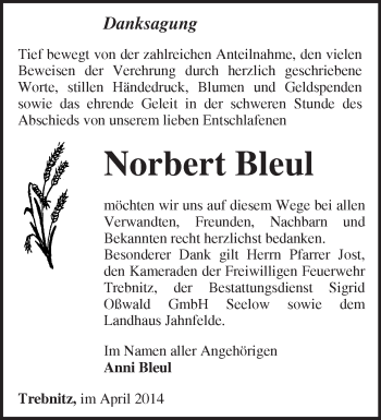 Traueranzeige von Norbert Bleul von Märkische Oderzeitung