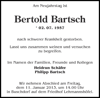 Traueranzeige von Bertold Bartsch von Märkische Oderzeitung