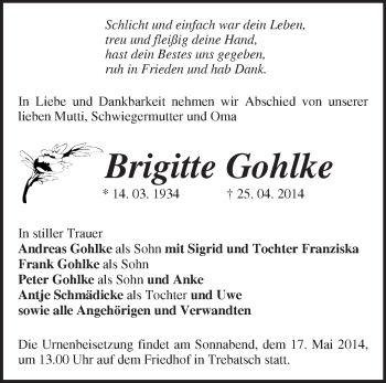 Traueranzeige von Brigitte Gohlke von Märkische Oderzeitung