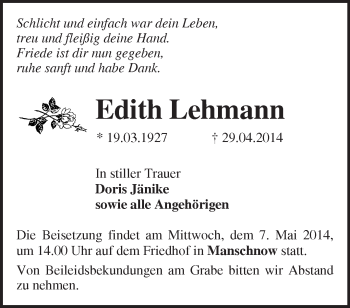 Traueranzeige von Edith Lehmann von Märkische Oderzeitung