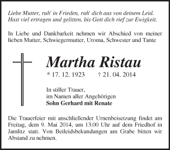 Traueranzeige von Martha Ristau von Märkische Oderzeitung