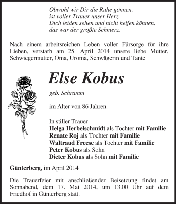 Traueranzeige von Else Kobus von Märkische Oderzeitung