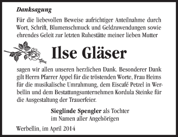 Traueranzeige von Ilse Gläser von Märkische Oderzeitung