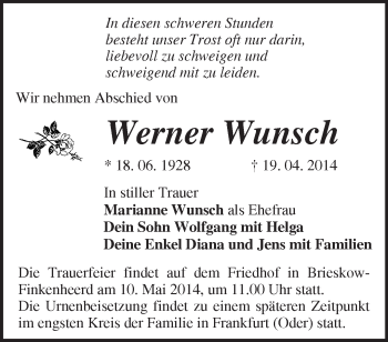 Traueranzeige von Werner Wunsch von Märkische Oderzeitung