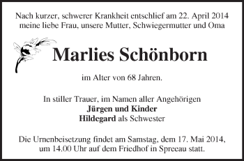 Traueranzeige von Marlies Schönborn von Märkische Oderzeitung