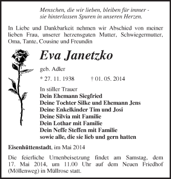 Traueranzeige von Eva Janetzko von Märkische Oderzeitung