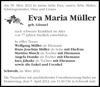 Traueranzeige von Eva Maria Müller von Märkische Oderzeitung