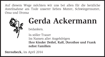 Traueranzeige von Gerda Ackermann von Märkische Oderzeitung