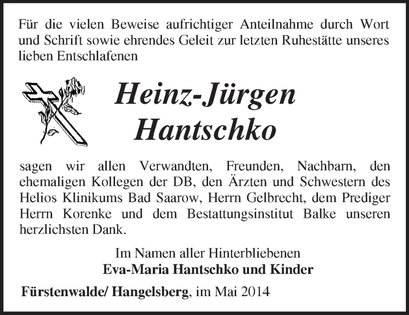  Traueranzeige für Heinz-Jürgen Hantschko vom 10.05.2014 aus Märkische Oderzeitung