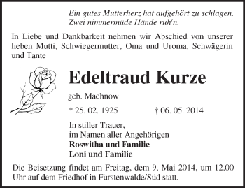 Traueranzeige von Edeltraud Kurze von Märkische Oderzeitung