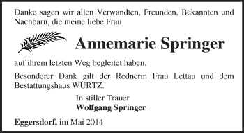Traueranzeige von Annemarie Springer von Märkische Oderzeitung
