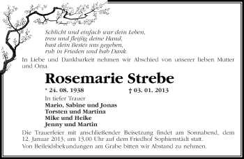 Traueranzeige von Rosemarie Strebe von Märkische Oderzeitung