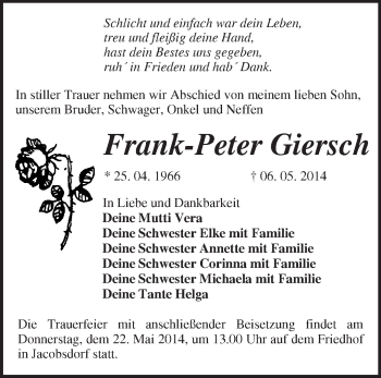 Traueranzeige von Frank-Peter Giersch von Märkische Oderzeitung