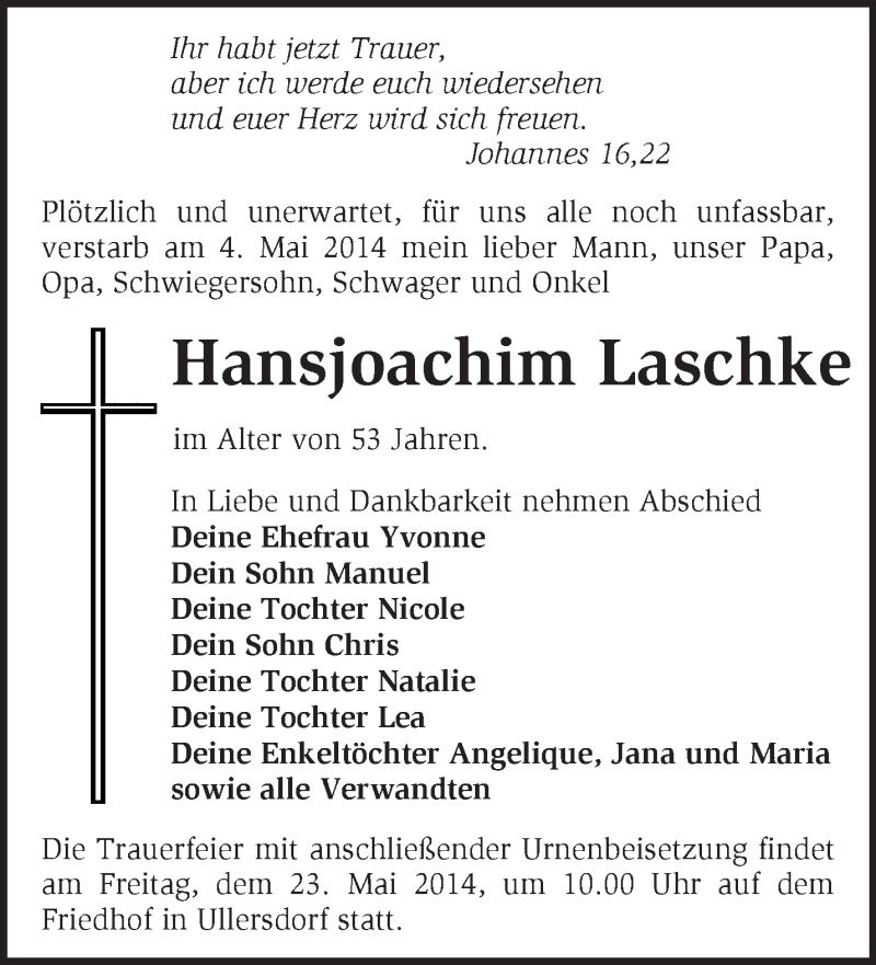  Traueranzeige für Hansjoachim Laschke vom 10.05.2014 aus Märkische Oderzeitung