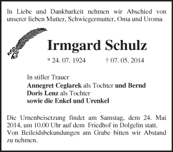 Traueranzeige von Irmgard Schulz von Märkische Oderzeitung