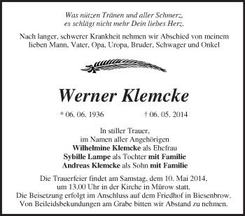 Traueranzeige von Werner Klemcke von Märkische Oderzeitung