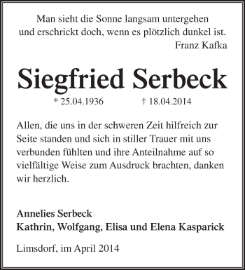 Traueranzeige von Siegfried Serbeck von Märkische Oderzeitung