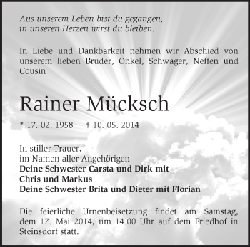 Traueranzeige von Rainer Mücksch von Märkische Oderzeitung