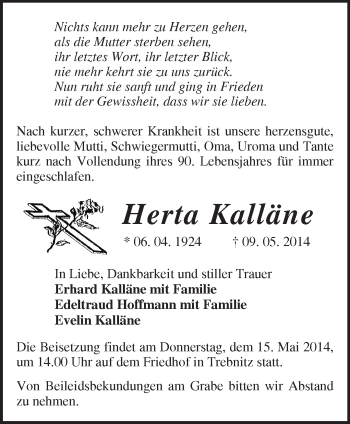 Traueranzeige von Herta  Kalläne von Märkische Oderzeitung