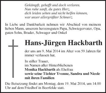 Traueranzeige von Hans-Jürgen Hackbarth von Märkische Oderzeitung