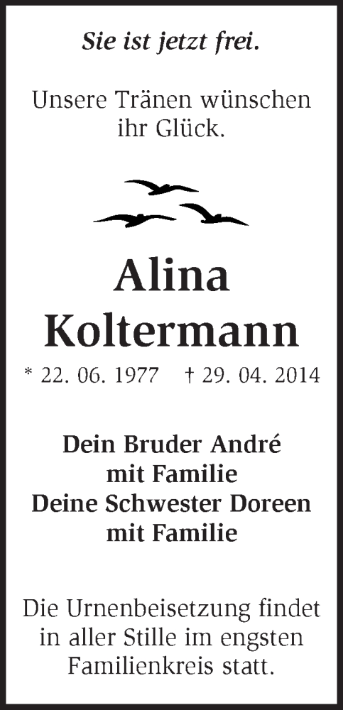  Traueranzeige für Alina Koltermann vom 13.05.2014 aus Märkische Oderzeitung