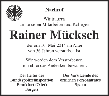 Traueranzeige von Rainer Mücksch von Märkische Oderzeitung