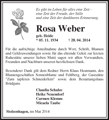 Traueranzeige von Rosa Weber von Märkische Oderzeitung