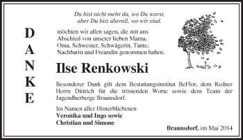 Traueranzeige von BraunsdorfIlse Renkowski von Märkische Oderzeitung