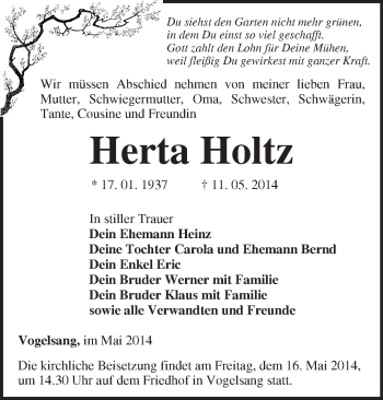 Traueranzeige von Herta Holtz von Märkische Oderzeitung