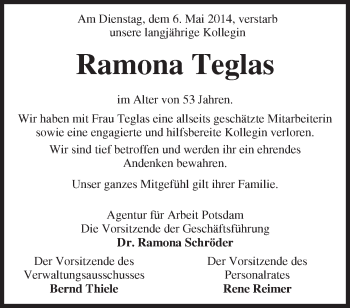 Traueranzeige von Ramona Teglas von Märkische Oderzeitung