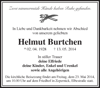 Traueranzeige von Helmut Burtchen von Märkische Oderzeitung