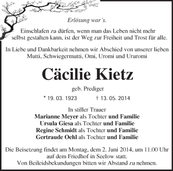 Traueranzeige von Cäcilie Kietz von Märkische Oderzeitung