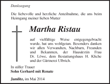 Traueranzeige von Martha Ristau von Märkische Oderzeitung