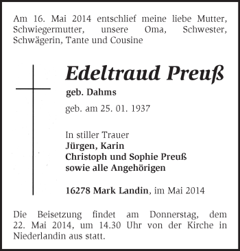 Traueranzeige von Edeltraud Preuß von Märkische Oderzeitung