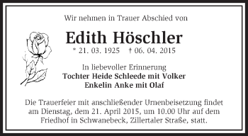 Traueranzeige von Edith Höschler von Märkische Oderzeitung